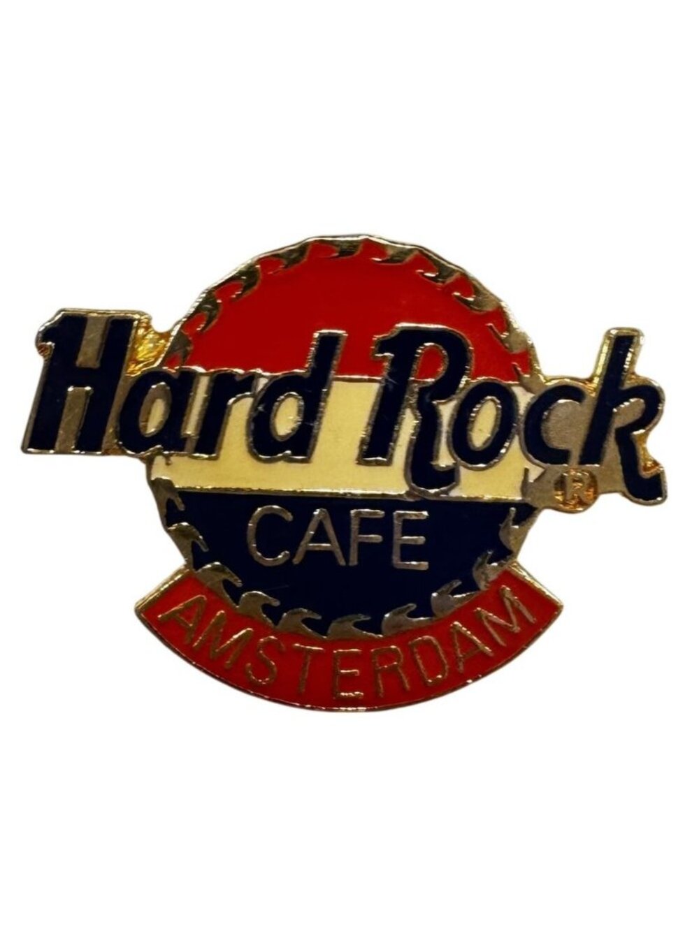 Hard Rock Cafe Amsterdam Souvenir Pin Gold Tone Red Blue Collectible